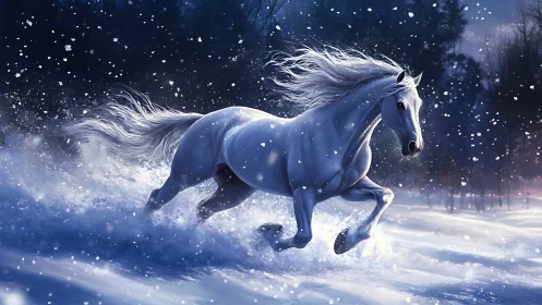 Galloping white horse in blue twilight snowfield, dynamic motion