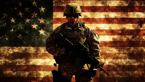 US soldier silhouette stands before distressed flag background