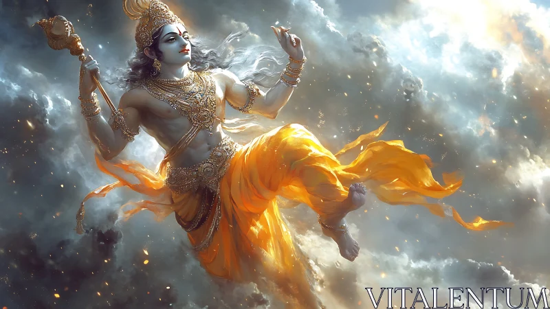 Radiant sky deity glides through glowing storm clouds