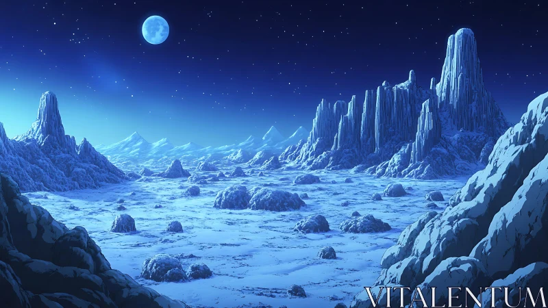 Frozen alien landscape under bright blue moonlit sky.