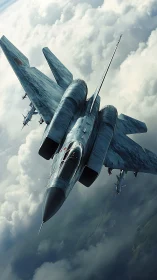 Steep-climbing fighter jet slicing through stormlit clouds.