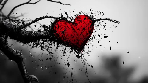 Fragmented Red Heart on Charred Branch: Digital Composite Study