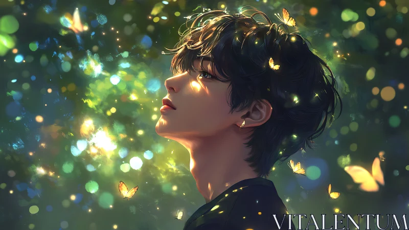 Digital painting portrait with luminous butterflies and bokeh field.