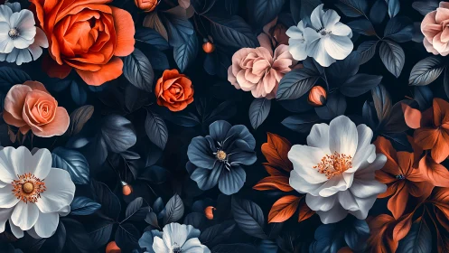 Floral Garden with Orange and White Blooms Against Dark.