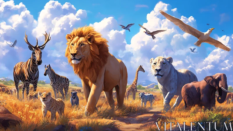 Digital painting of majestic savanna wildlife procession.