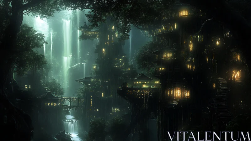 Forest citadel of lanterns hums beside emerald waterfalls
