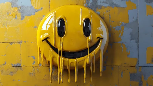 Melting yellow smiley face drips over a distressed wall