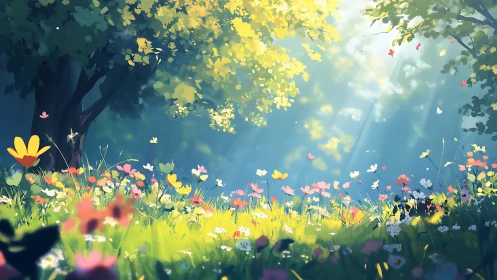 Sunlit forest meadow uses soft-focus depth and volumetric light