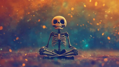 Tiny meditative skeleton grins through a nebula of fireflies