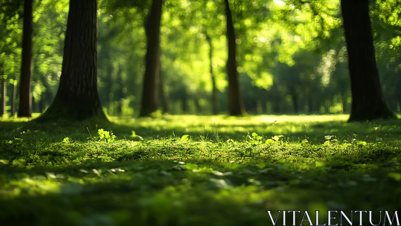 Sunlit Forest Floor with Lush Greenery in Soft Focus Style.