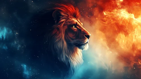 Majestic cosmic lion gazes calmly between fire and starlight