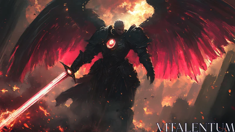 Dark armored angel with red wings and blazing sword.