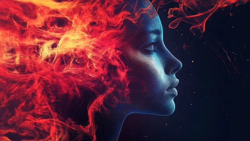 Digital Head Profile with Fiery Energy Burst.