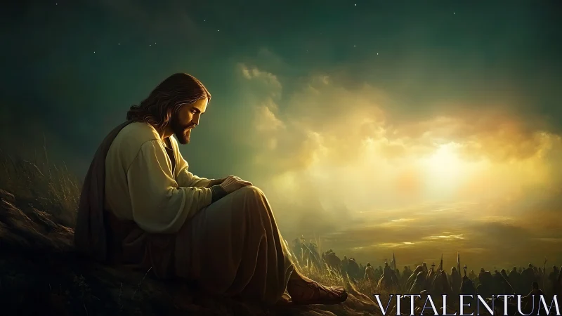 Contemplative robed figure in dawnlit landscape, soft glow.