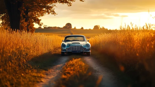Classic silver coupe on narrow country dirt road at sunset.
