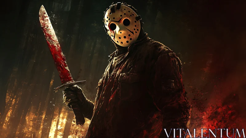 Masked slasher rises in ember-lit forest of creeping dread.