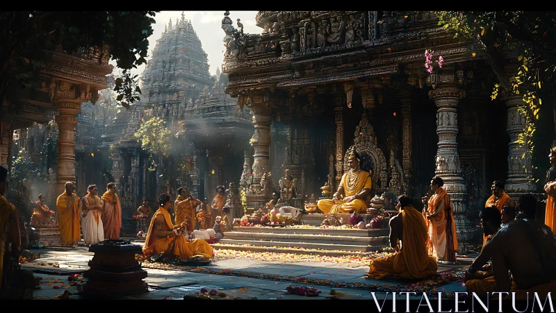 Temple courtyard ceremony with seated golden deity statue.
