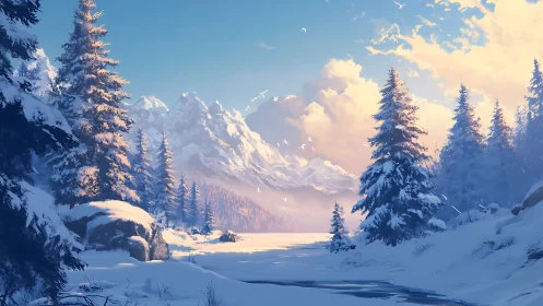 Snow laden conifer valley with atmospheric mountain depth rendering