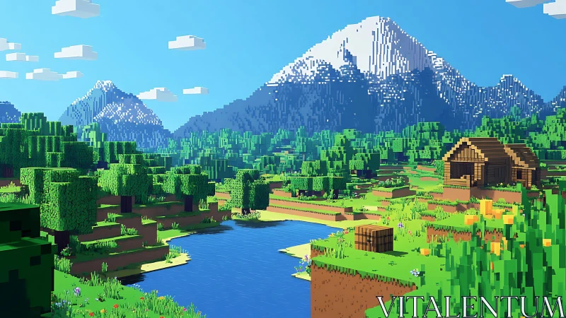Voxel landscape shows lake, forest, cabin and snowy mountains