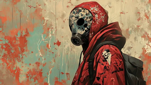 Hooded wanderer in cracked gas mask against peeling chaos.