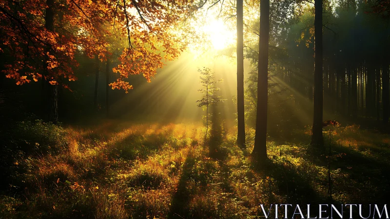 Sunlight streaming through autumn forest in golden morning light.