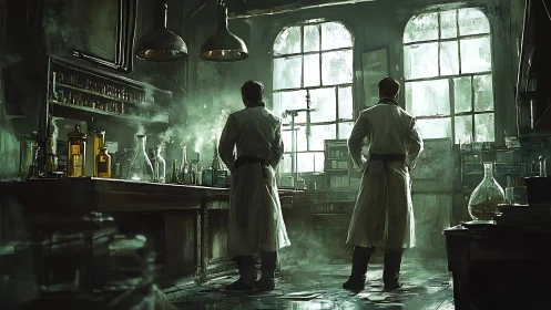 Brooding chemists in fog-filled vintage laboratory interior.