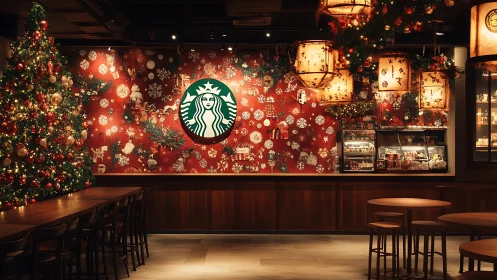 Starbucks café glows with warm festive Christmas décor.