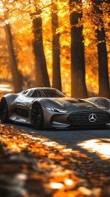 Sleek silver supercar gliding through a glowing autumn forest.