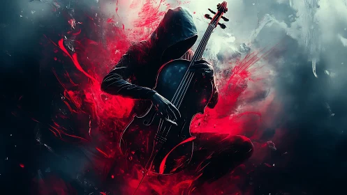 Hooded figure holds cello amid red abstract digital elements