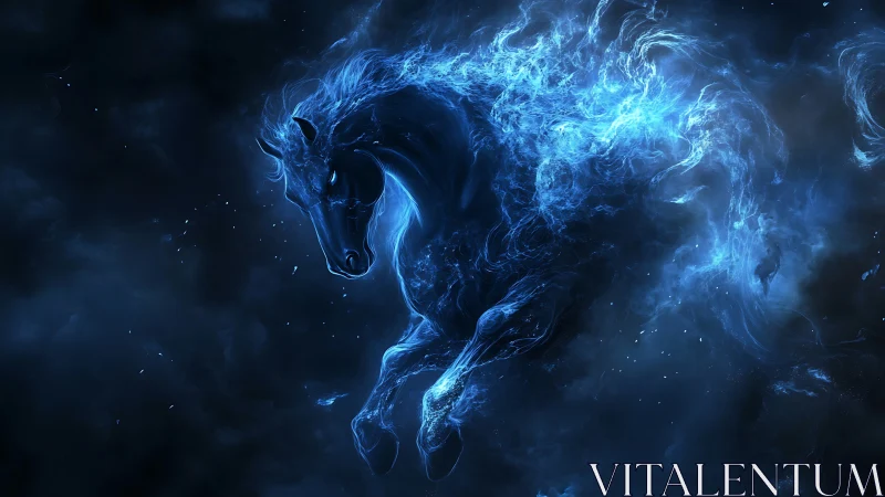 Spectral blue stallion in cascading ethereal nebula light.