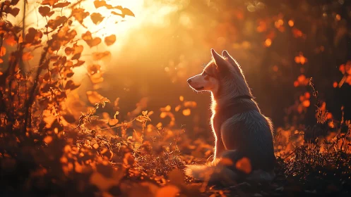 Backlit dog portrait in golden hour autumn woodland glow