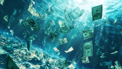 Sunken dollar dreams drifting through shimmering blue depths.