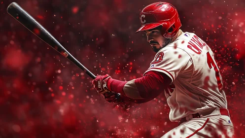 Focused baseball slugger ready to swing under red lights.