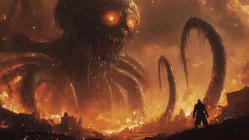 Colossal firelit tentacled monster confronts lone warrior.