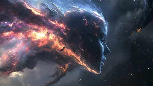 Stellar nebula goddess face merges with cosmic firestorm.