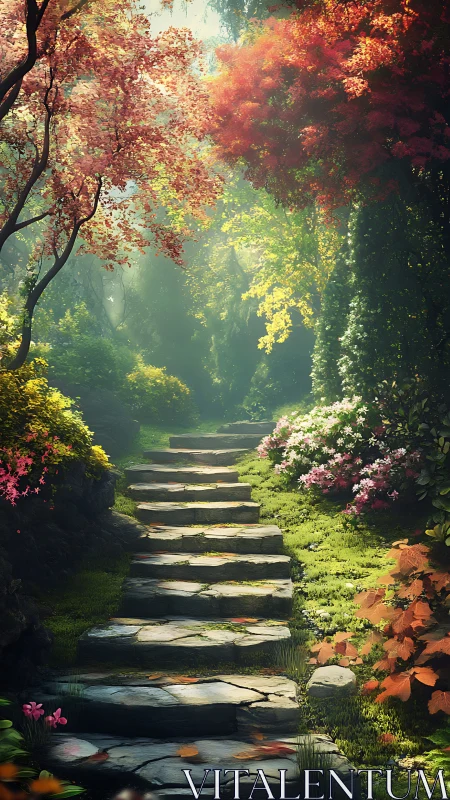 Sunlit stone stairway winding through enchanted garden glow.