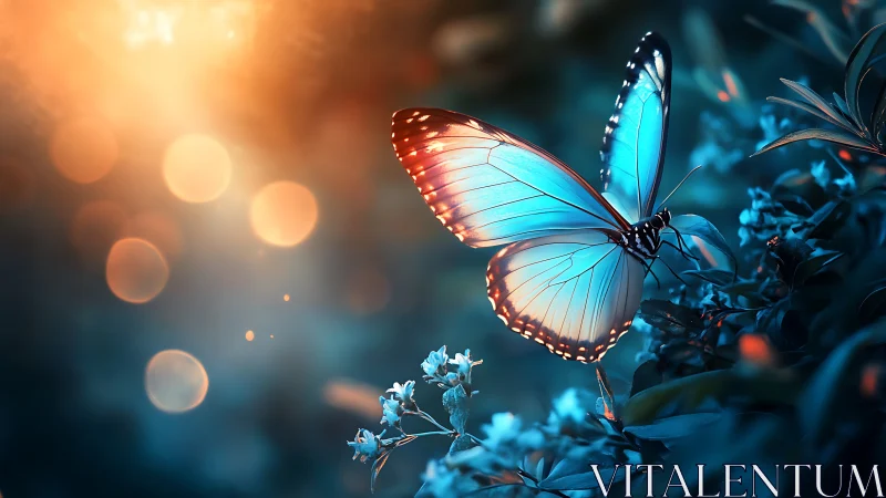 Blue butterfly glows in dreamy garden light at golden hour