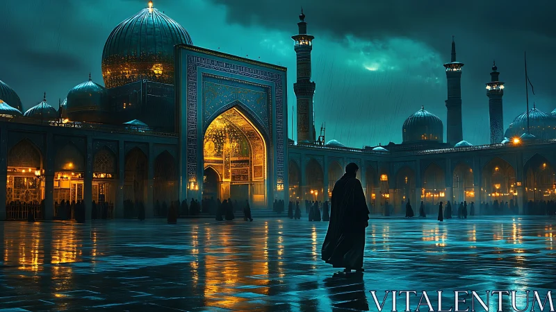 Moonlit courtyard stroll beneath turquoise mosque domes.