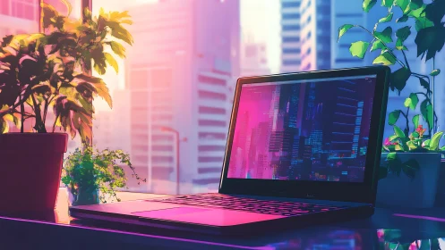 Cozy laptop workspace glowing with soft city sunset light.