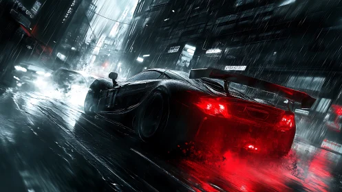 Midnight rain race through neon soaked city streets.
