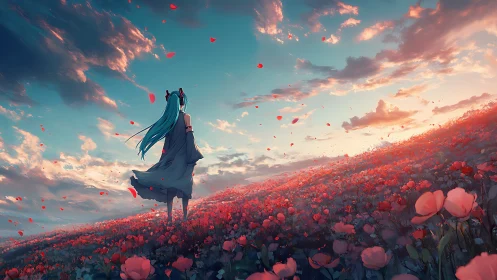 Girl with teal hair stands in red flower field at sunset
