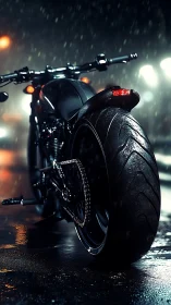 Rear tire prowls through neon rain on a midnight street