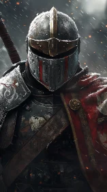 Armored knight in snowstorm with scarred red cloak.