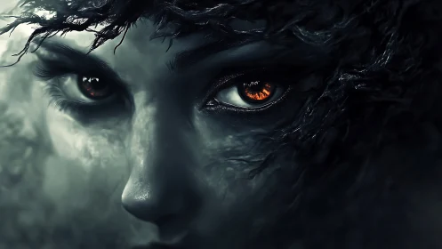 Close-up digital rendering shows face with luminous eyes