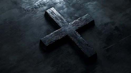 Black wooden cross on dark textured reflective surface.