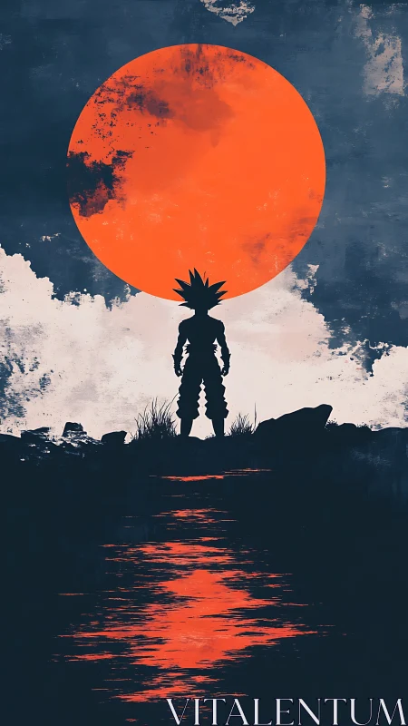 Silhouetted warrior gazes at blazing red moon in silence