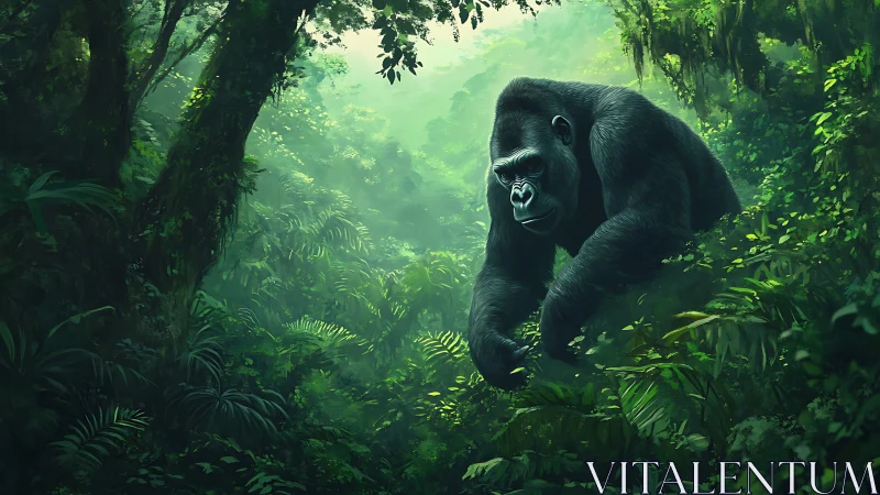 Gorilla moving through dense green rainforest canopy scene.