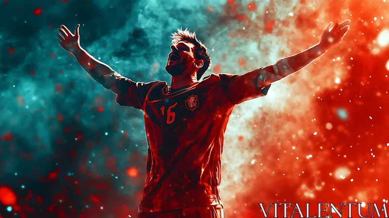 Roaring football victor ignites a storm of red and teal light