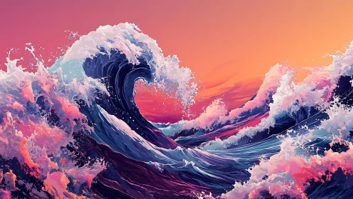 Digital seascape with stylized waves under gradient sky.