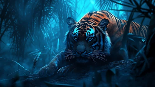 Moonlit jungle stalker, cyan shadows wrapped in stripes.